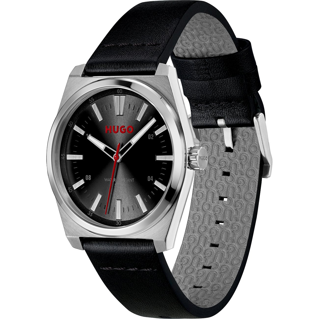 Hugo Herrenuhr aus Edelstahl mit schwarzem Zifferblatt und schwarzem Lederarmband, von oben mit leicht schrägem Einblick.