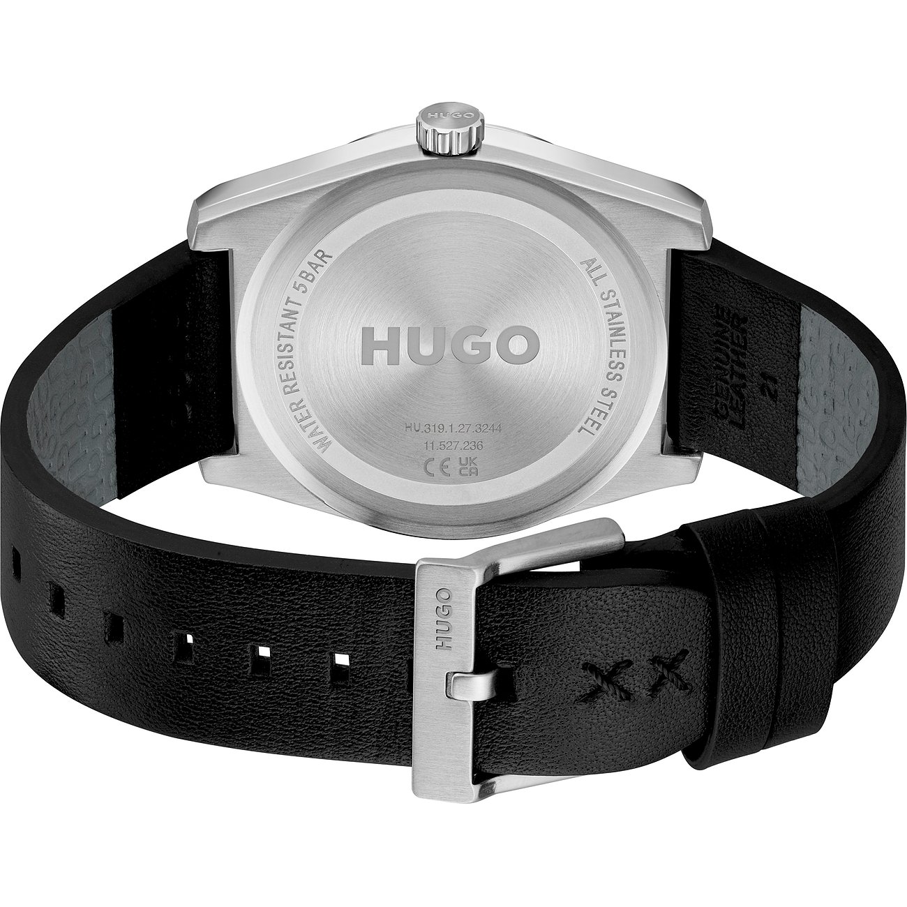 Rückseite einer Hugo Herrenuhr aus Edelstahl mit schwarzem Lederarmband und Dornschließe.