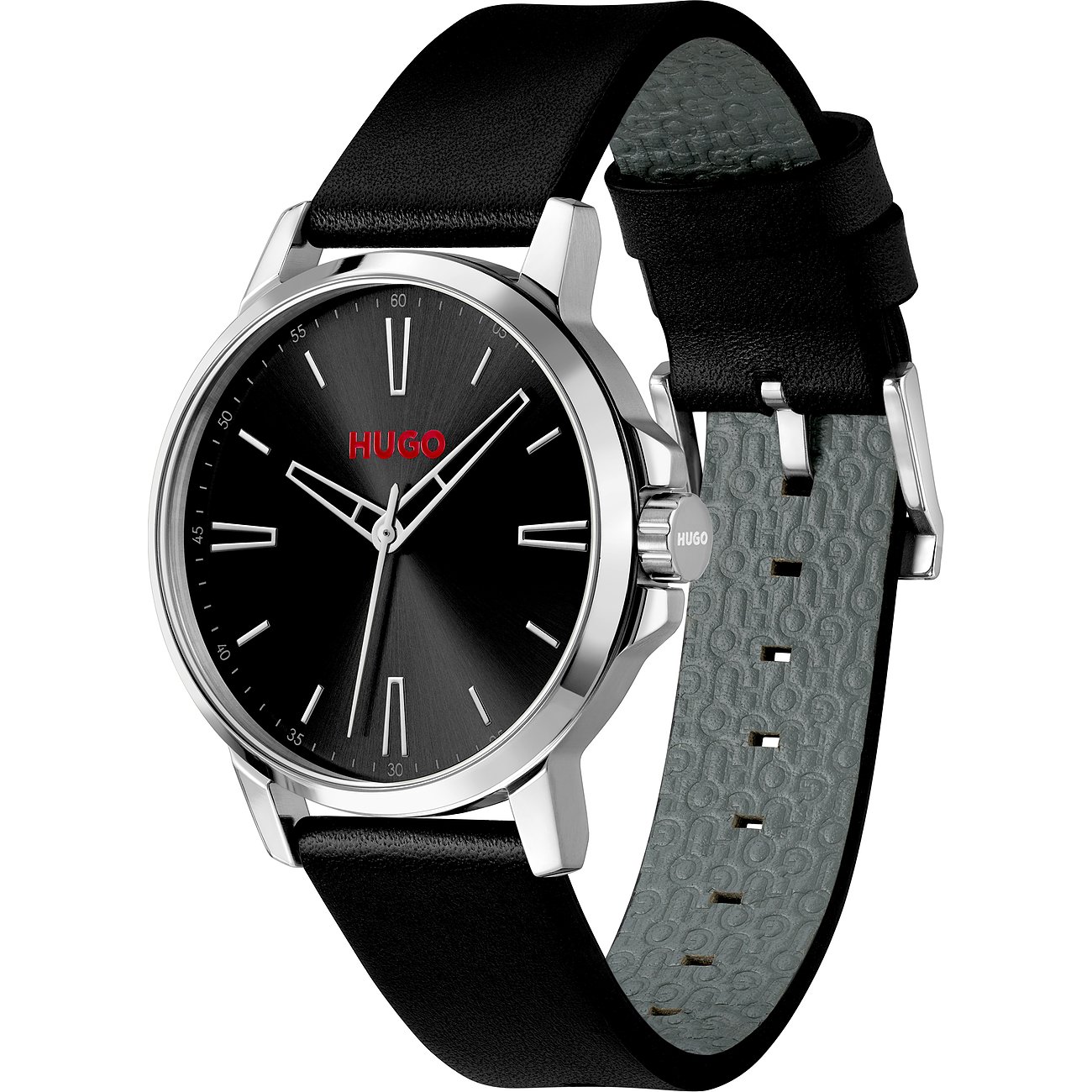 Hugo Herrenuhr aus Edelstahl mit schwarzem Zifferblatt und Lederarmband, rote Hugo-Schriftzug.