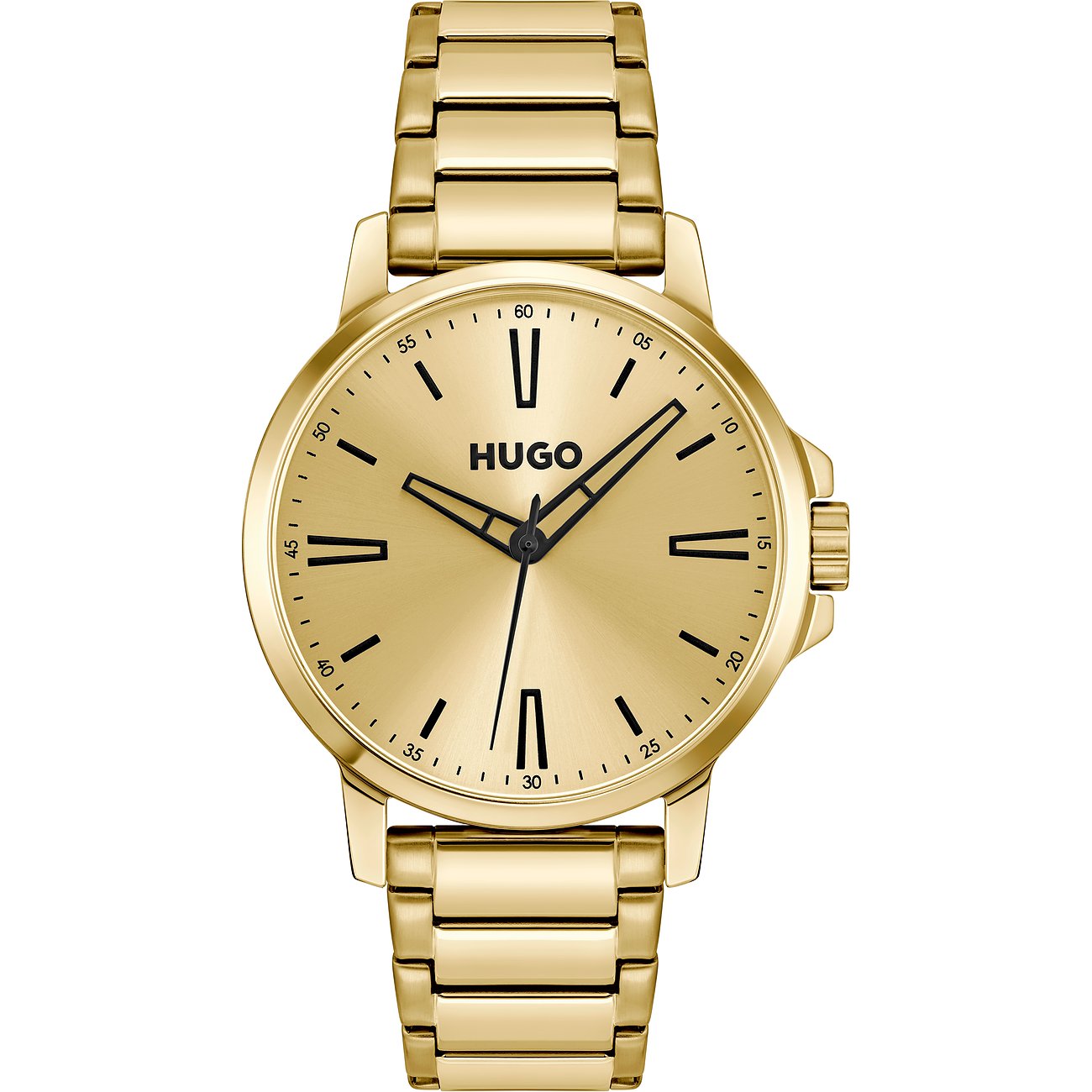 Hugo herenhorloge van goudkleurig roestvrij staal met bijpassende schakelarmband en zwarte wijzerplaat.