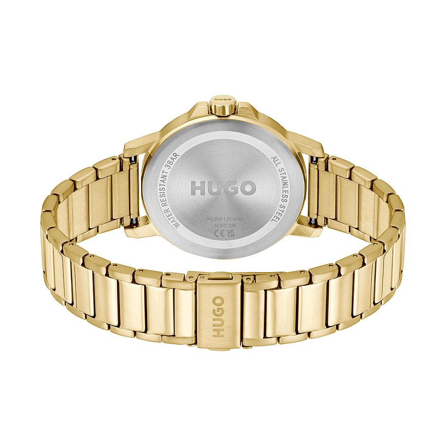 Achteraanzicht van het goudkleurige, roestvrijstalen Hugo herenhorloge, met gegraveerd Hugo-logo op de achterkant.
