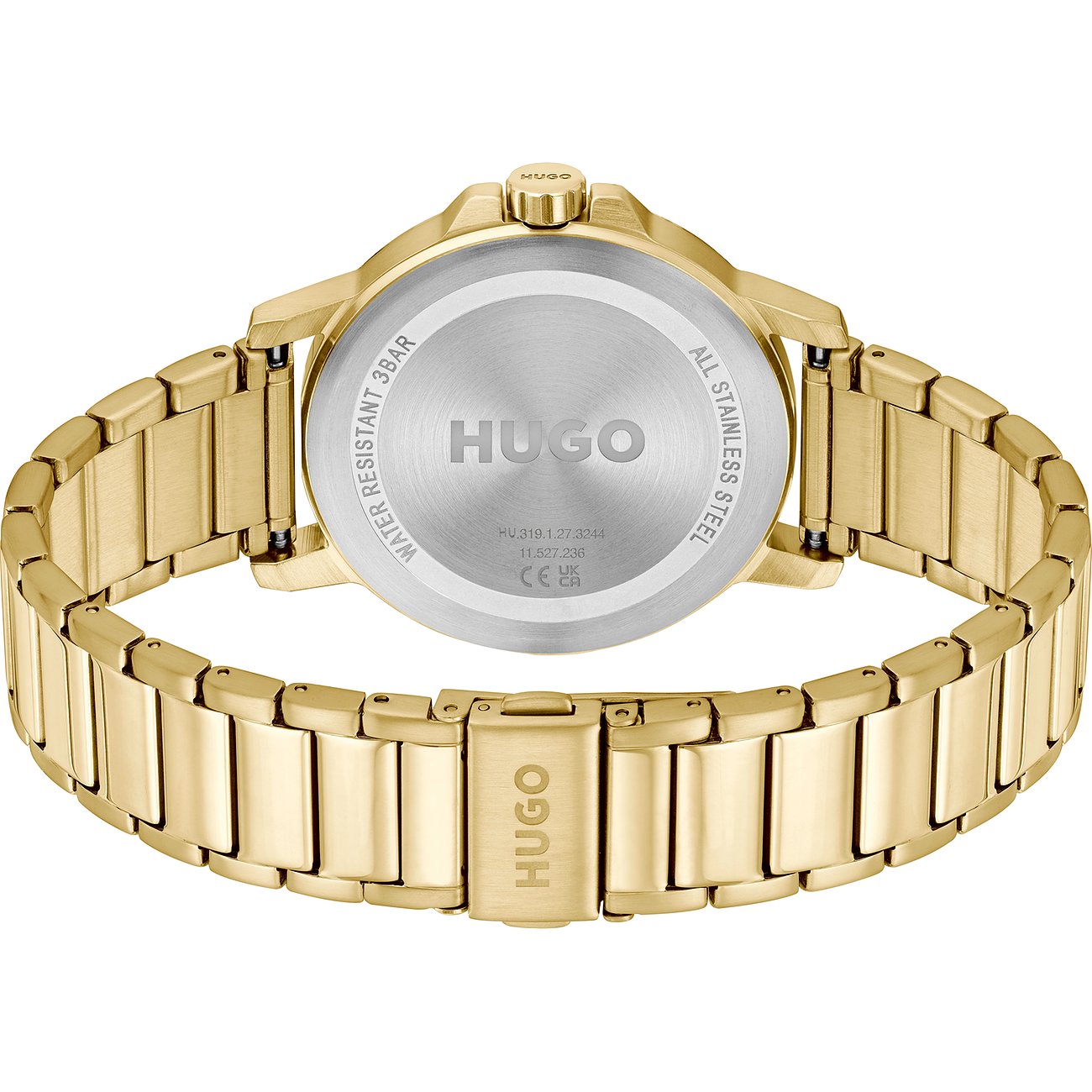 Achteraanzicht van het goudkleurige, roestvrijstalen Hugo herenhorloge, met gegraveerd Hugo-logo op de achterkant.