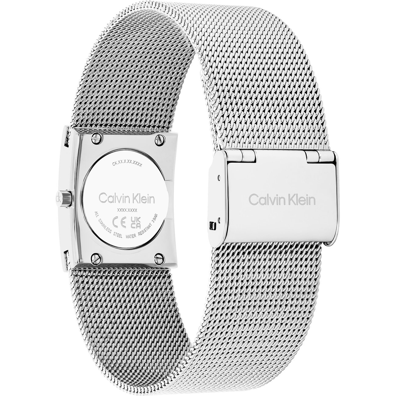 Achteraanzicht van een Calvin Klein dameshorloge van roestvrij staal met Milanese band en gegraveerde sluiting.