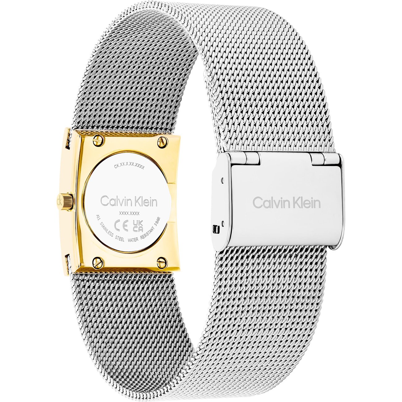 Achterkant van een Calvin Klein dameshorloge van roestvrij staal met gouden kast en zilveren Milanese band.