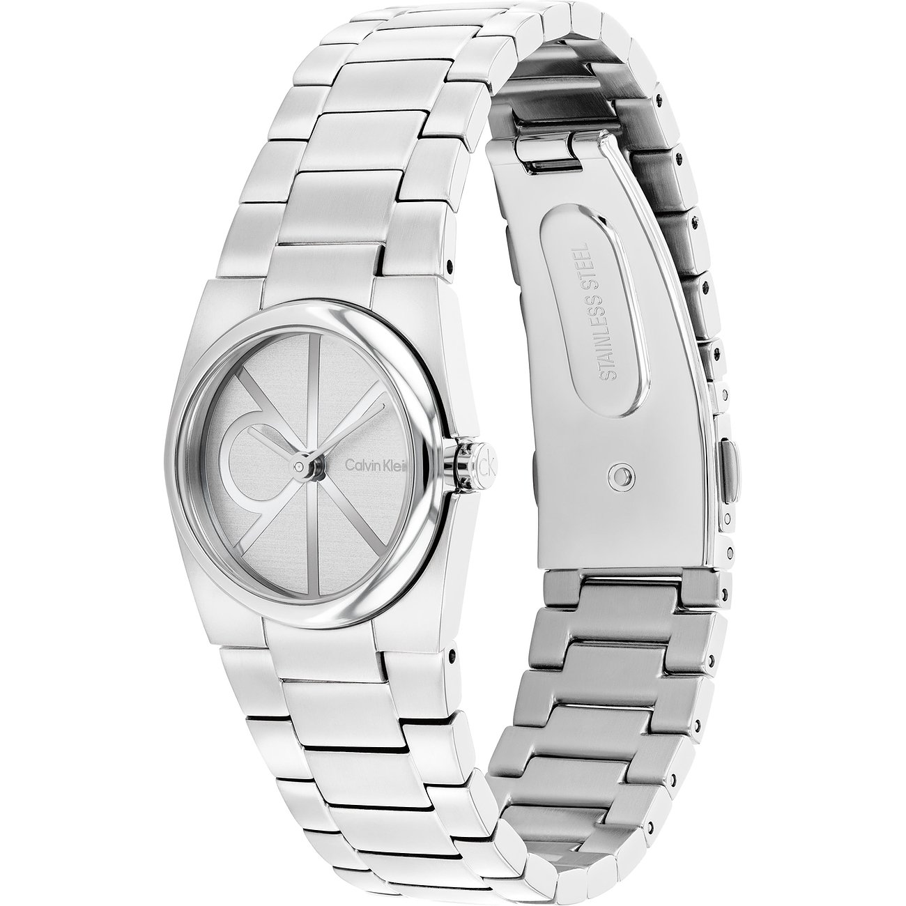 Het Calvin Klein dameshorloge van roestvrij staal toont een stijlvolle wijzerplaat met merklogo en een schakelarmband.