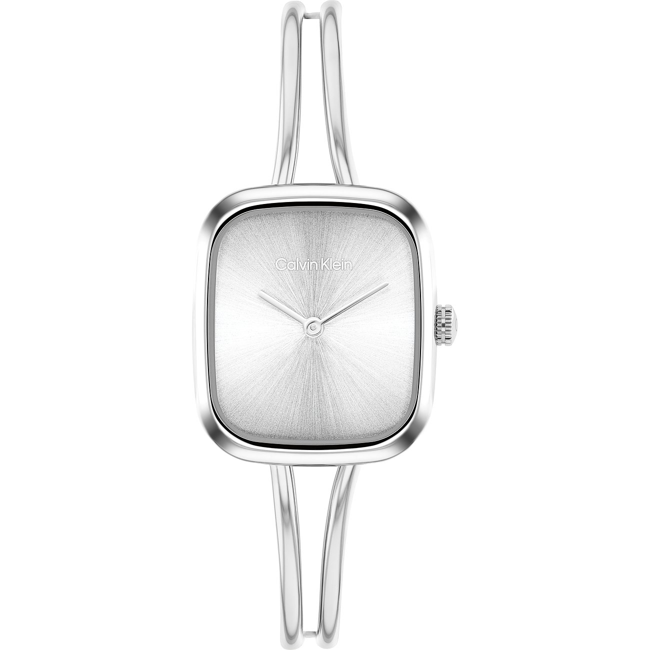 Calvin Klein dameshorloge van RVS met vierkante, zilveren wijzerplaat en geborstelde afwerking, minimalistische stijl.