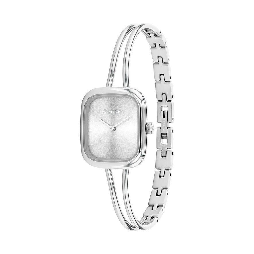 Calvin Klein dameshorloge van roestvrij staal met vierkante, zilveren wijzerplaat en tweedelige armband.