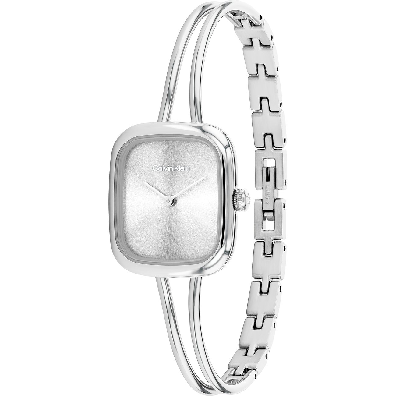 Calvin Klein dameshorloge van roestvrij staal met vierkante, zilveren wijzerplaat en tweedelige armband.