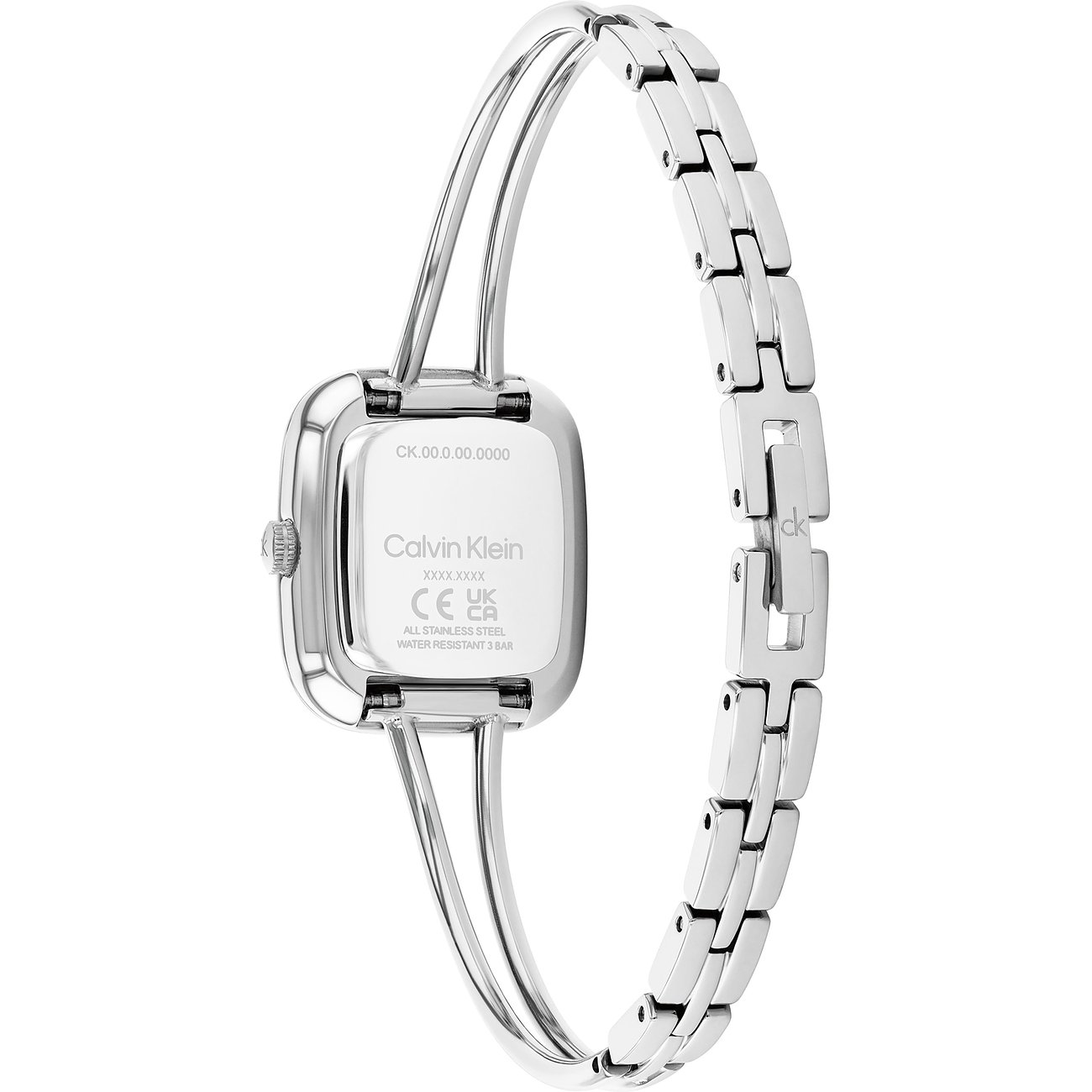 Achterkant Calvin Klein dameshorloge: gepolijst RVS, vierkante kast en fijn bandje.