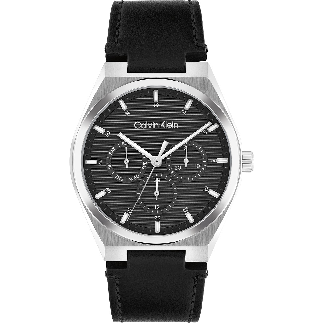 Een Calvin Klein herenhorloge van roestvrij staal met een zwart leren band en zwarte wijzerplaat.