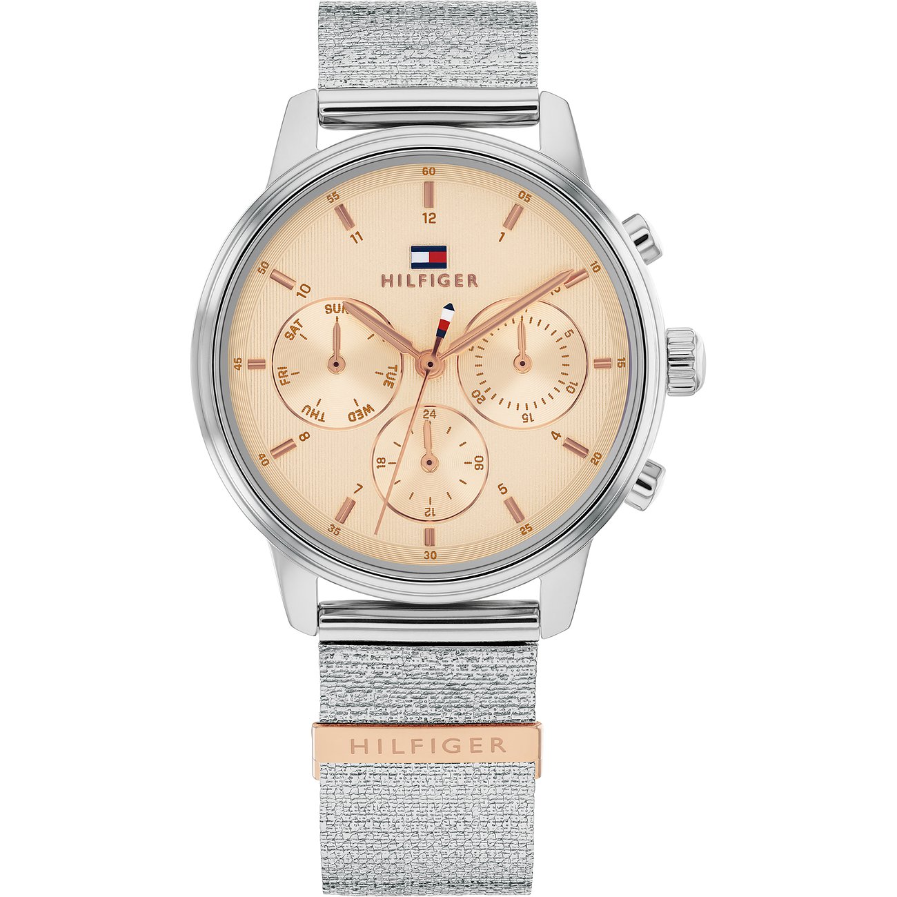Tommy Hilfiger dameshorloge van roestvrij staal met een lichte, gedessineerde band en beige wijzerplaat.