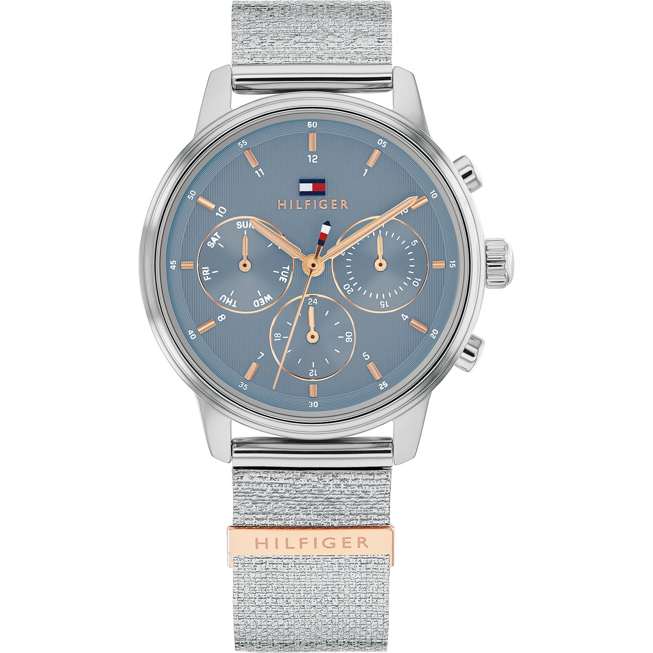 Tommy Hilfiger Damenuhr aus Edelstahl mit rundem, hellblauem Zifferblatt und silberfarbenem, strukturiertem Armband.