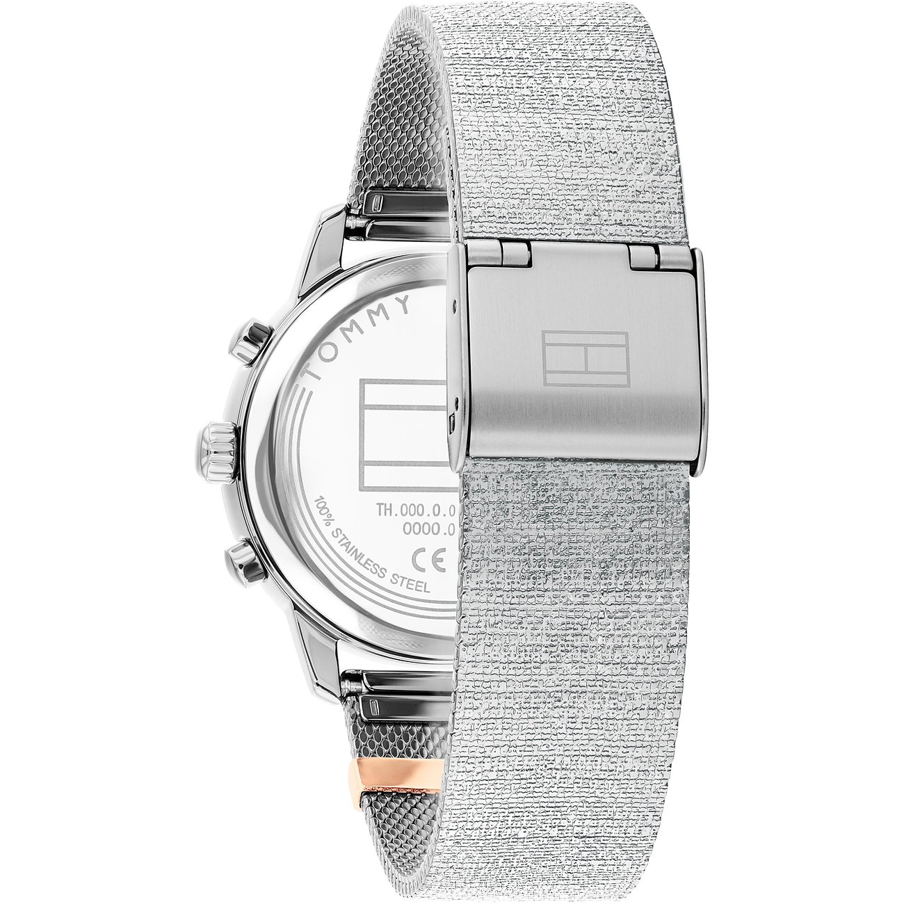 Rückansicht einer Tommy Hilfiger Damenuhr aus Edelstahl mit glitzerndem, silbernem Textilarmband und einer Dornschließe.