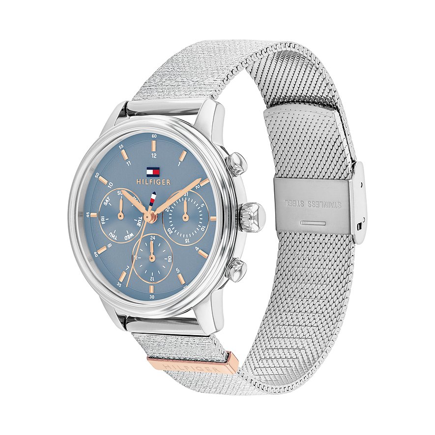 Tommy Hilfiger Damenuhr aus mattem und poliertem Edelstahl mit blauem Zifferblatt und silbernem Mesh-Armband.