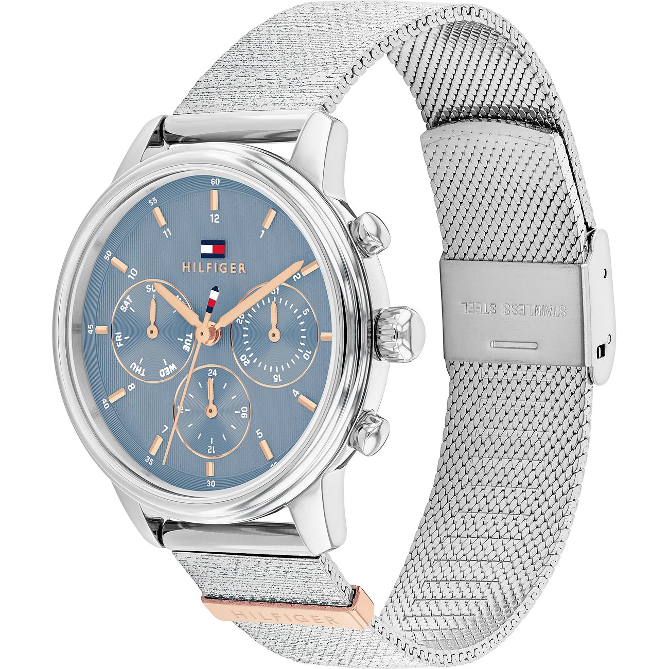 Tommy Hilfiger Damenuhr aus mattem und poliertem Edelstahl mit blauem Zifferblatt und silbernem Mesh-Armband.