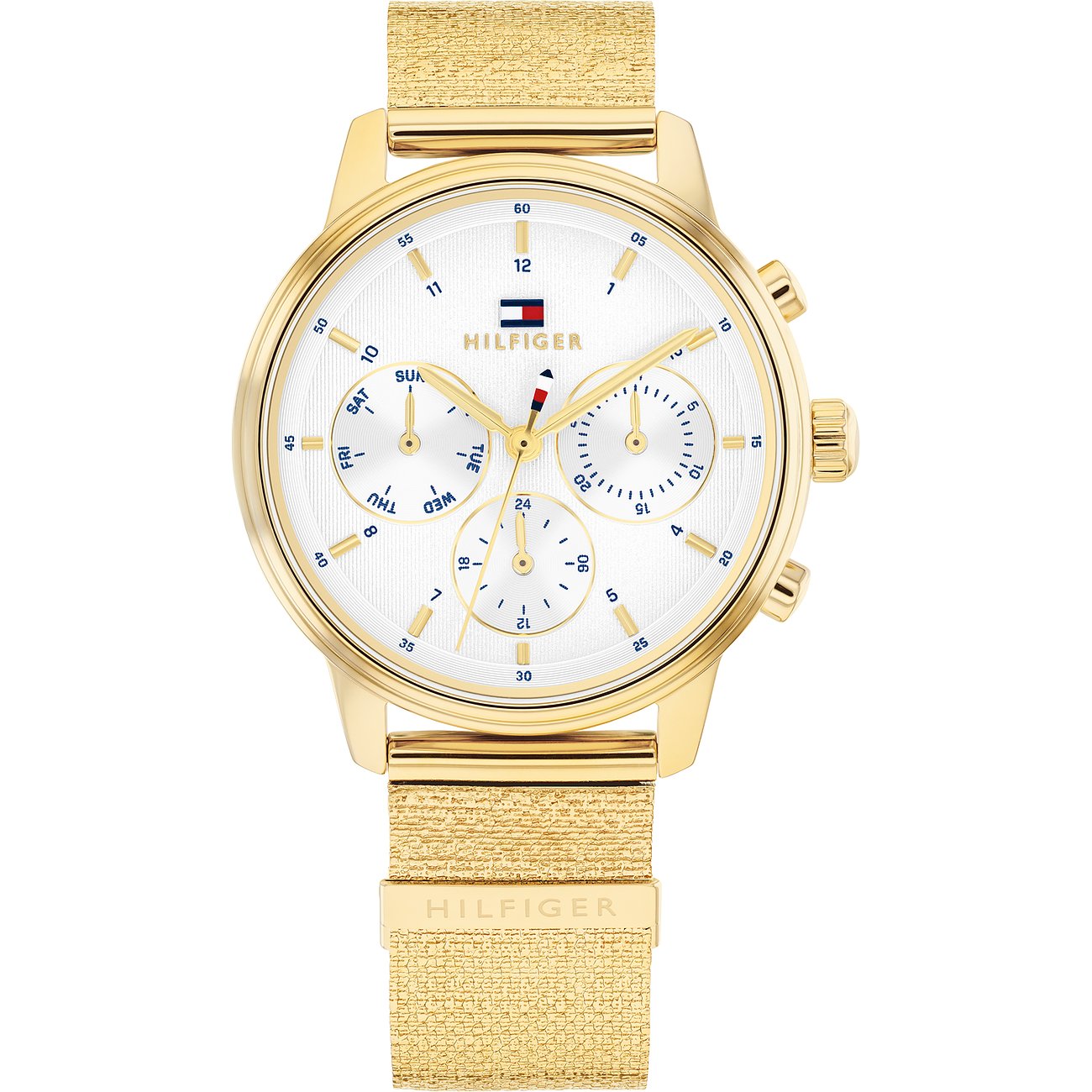EineTommy Hilfiger Damenuhr aus goldfarbenem Edelstahl mit weißem Zifferblatt und goldenem Mesh-Armband.