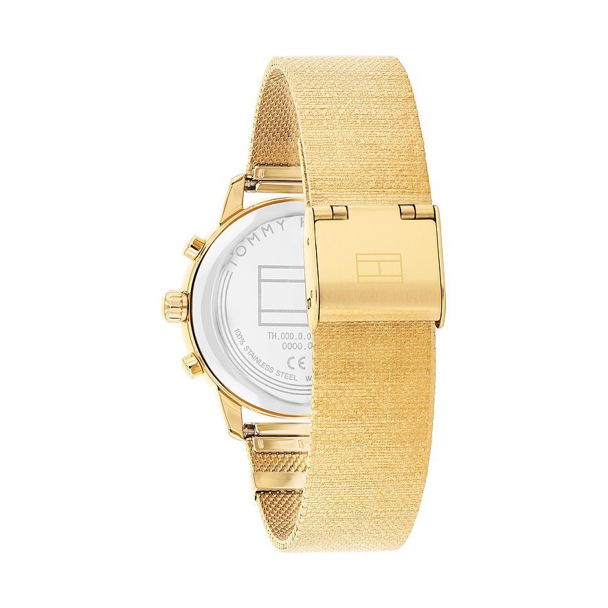 Rückseite einer goldenen Tommy Hilfiger Damenuhr aus Edelstahl mit feinem Mesh-Armband und gravierten Details.