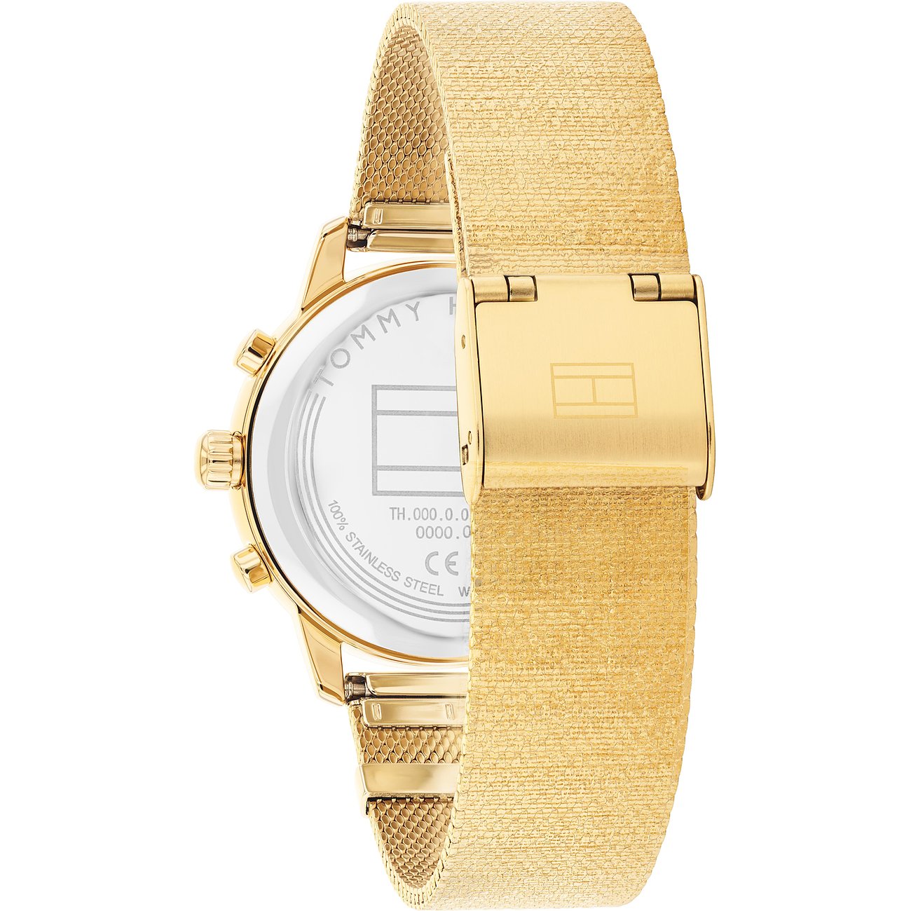 Rückseite einer goldenen Tommy Hilfiger Damenuhr aus Edelstahl mit feinem Mesh-Armband und gravierten Details.