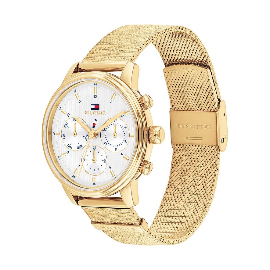 Tommy Hilfiger Damenuhr aus goldfarbenem Edelstahl mit weißem Zifferblatt und Mesh-Armband, perspektivische Ansicht.