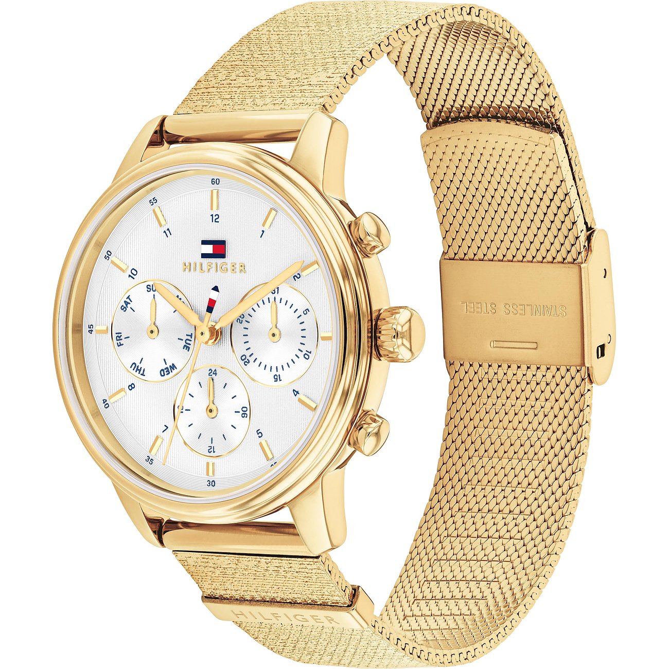 Tommy Hilfiger Damenuhr aus goldfarbenem Edelstahl mit weißem Zifferblatt und Mesh-Armband, perspektivische Ansicht.