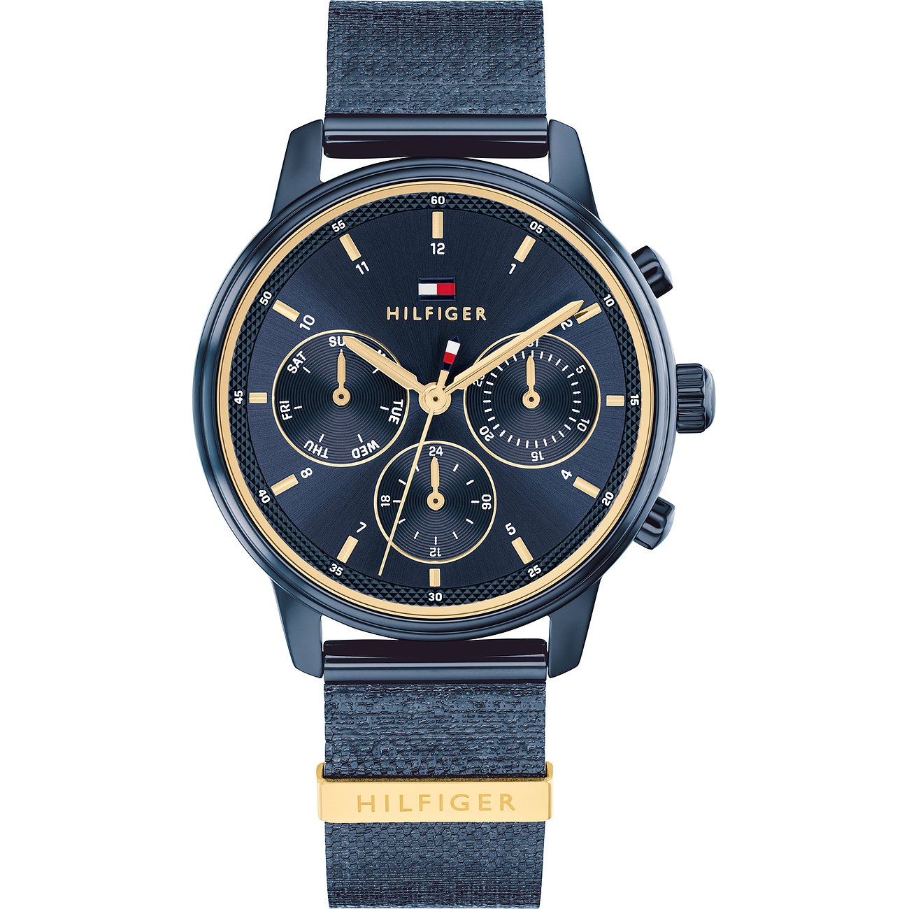 Tommy Hilfiger Damenuhr aus Edelstahl mit marineblauem Zifferblatt, drei Hilfszifferblättern und blauem Textilarmband.