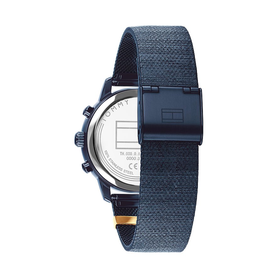 Rückansicht der Tommy Hilfiger Damenuhr aus Edelstahl mit marineblauem Textilarmband und goldenem Detail.