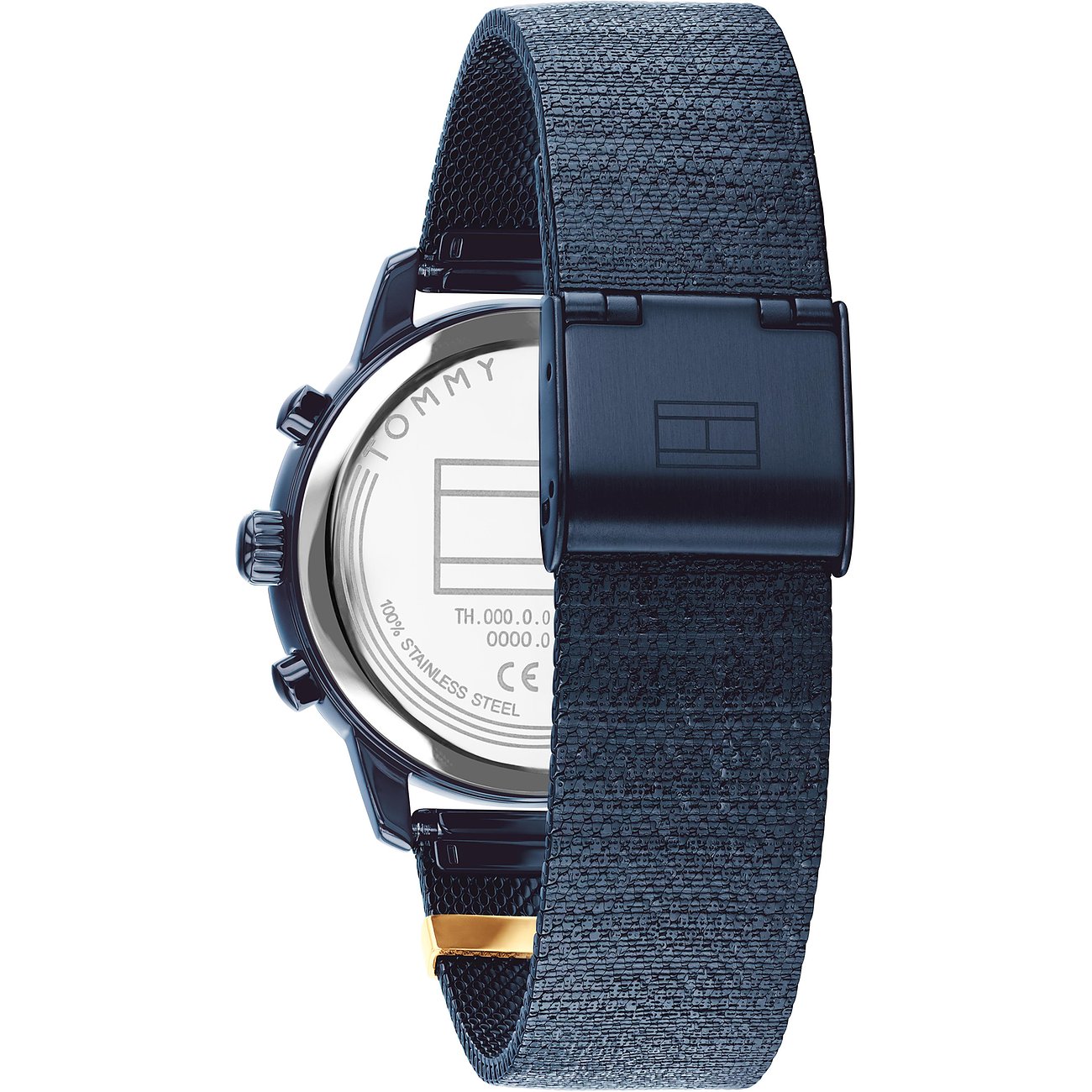 Rückansicht der Tommy Hilfiger Damenuhr aus Edelstahl mit marineblauem Textilarmband und goldenem Detail.