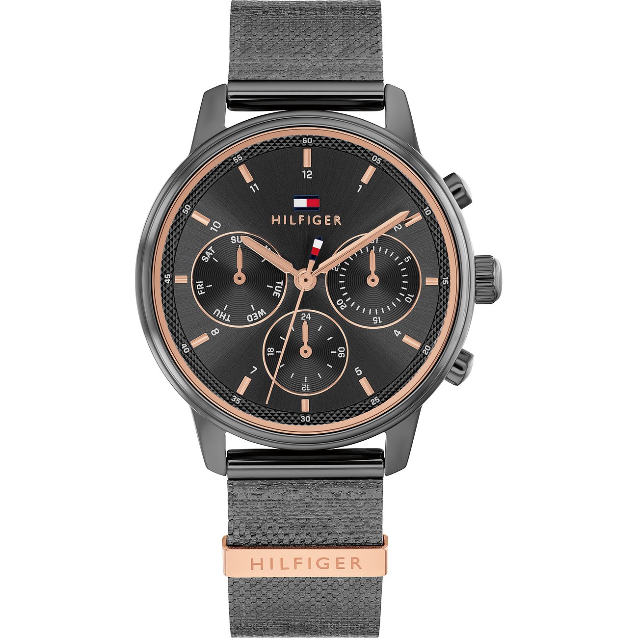 Tommy Hilfiger Damenuhr aus anthrazitfarbenem Edelstahl mit Chronograph, schwarzem Zifferblatt und anthrazitfarbenem Armband.