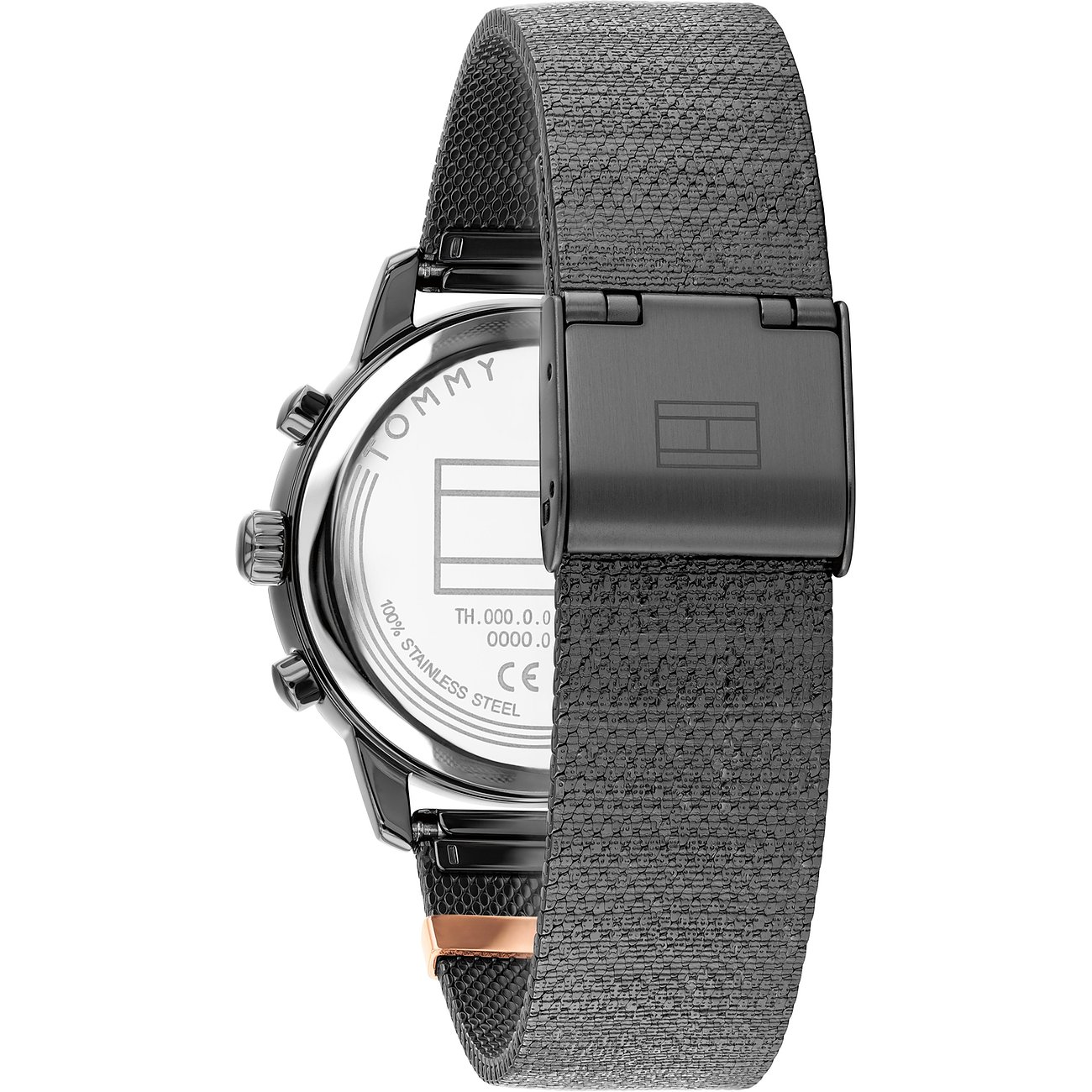 Rückansicht der Tommy Hilfiger Damenuhr aus schwarzem Edelstahl mit grauem Textilarmband und Schmetterlingsverschluss.