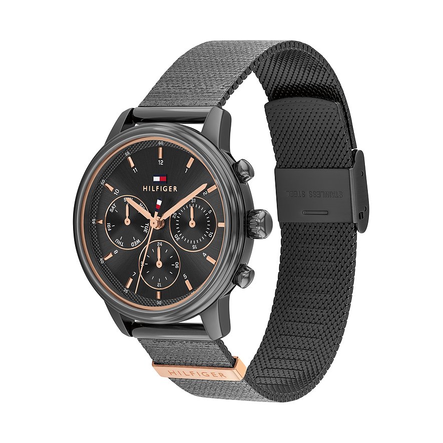 Tommy Hilfiger Damenuhr aus schwarzem Edelstahl mit Chronograph und Mesh-Armband, schräg von oben.