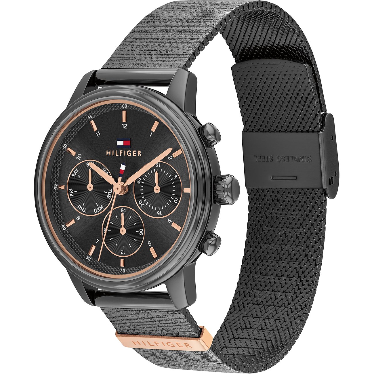 Tommy Hilfiger Damenuhr aus schwarzem Edelstahl mit Chronograph und Mesh-Armband, schräg von oben.