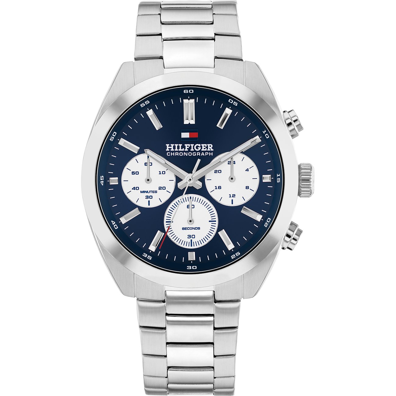 Tommy Hilfiger Herrenuhr aus Edelstahl mit blauer Chronographen-Zifferblatt und silbernen Zeigern.