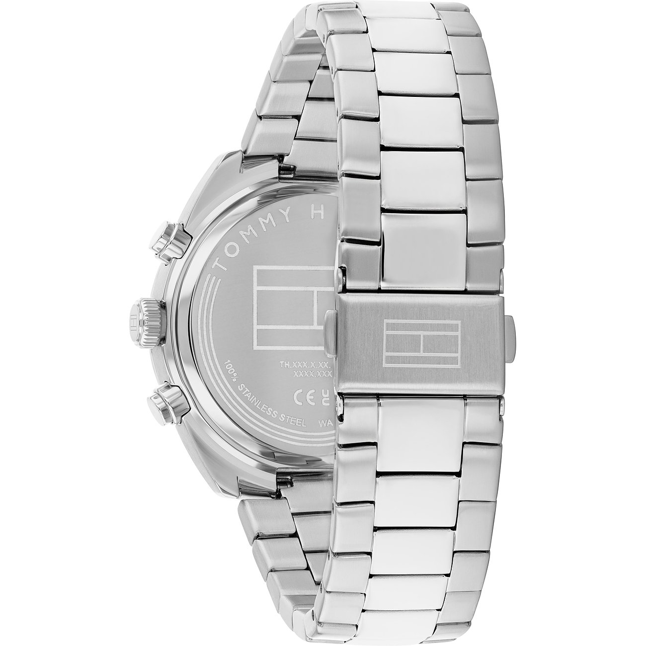 Rückseite einer Tommy Hilfiger Herrenuhr aus Edelstahl, mit Gravuren und dem Tommy Hilfiger Logo auf dem Verschluss.