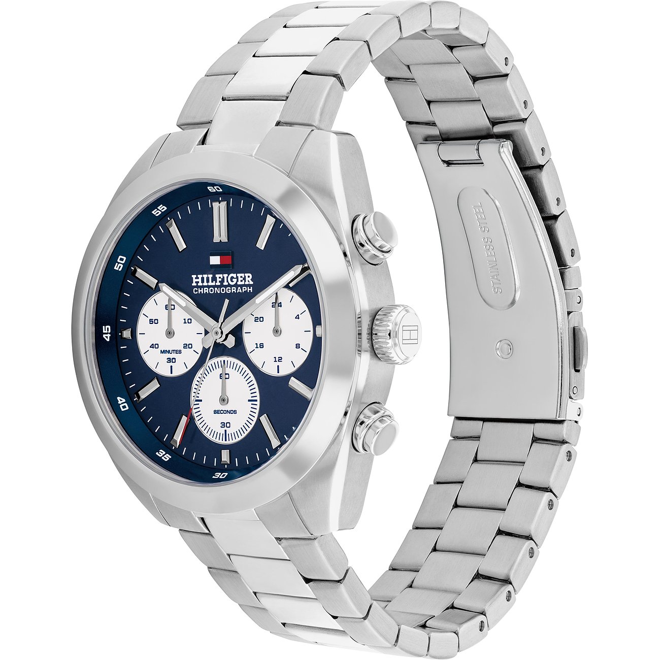 Eine Tommy Hilfiger Herrenuhr aus Edelstahl mit marineblauem Zifferblatt und Chronographenfunktion, von oben links.