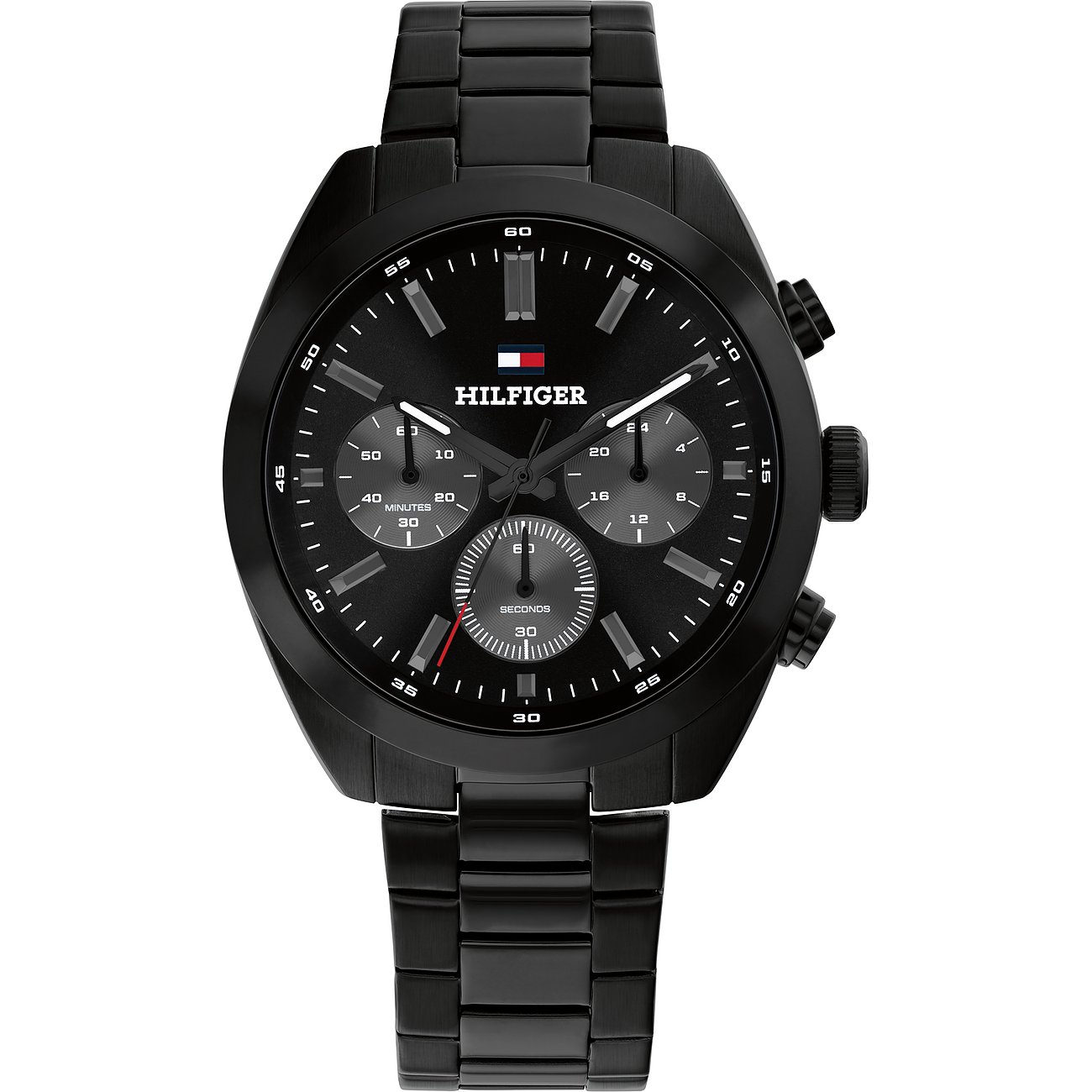 Het Tommy Hilfiger herenhorloge van zwart roestvrij staal toont chronograafwijzerplaten op een witte achtergrond.