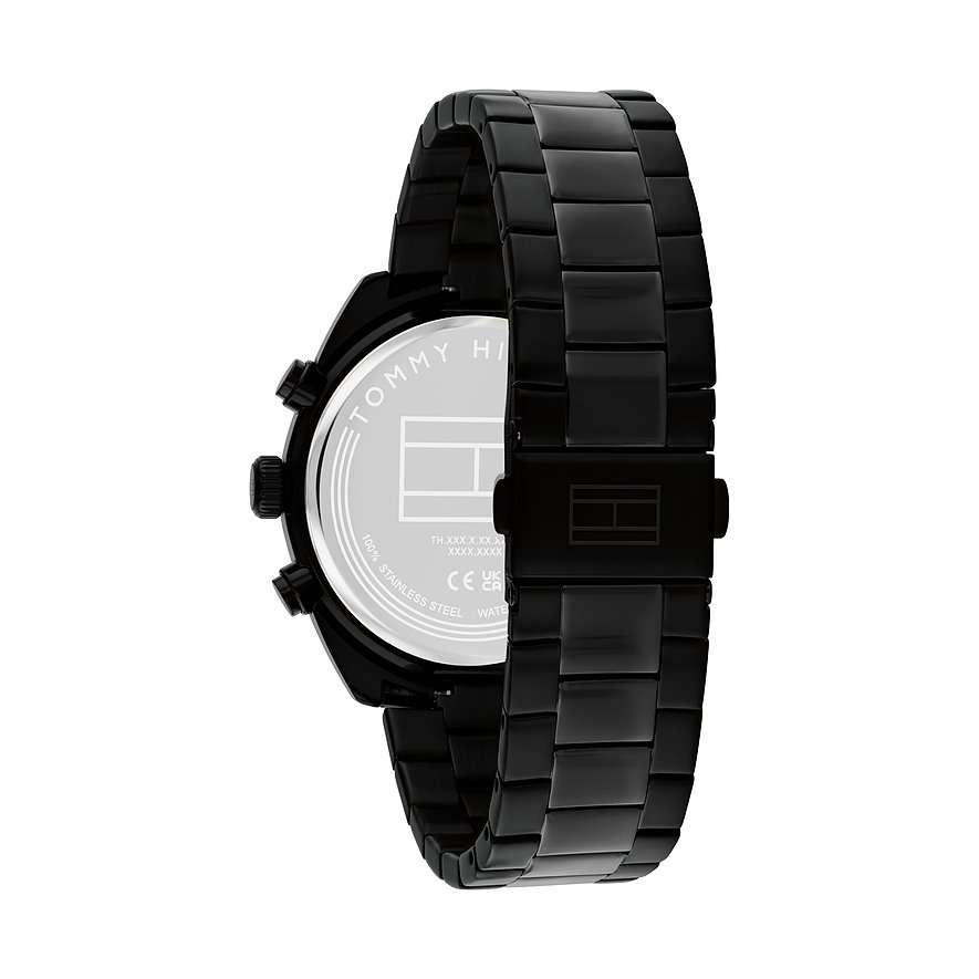 Achteraanzicht van het zwarte Tommy Hilfiger herenhorloge van roestvrij staal met gegraveerd logo en details.
