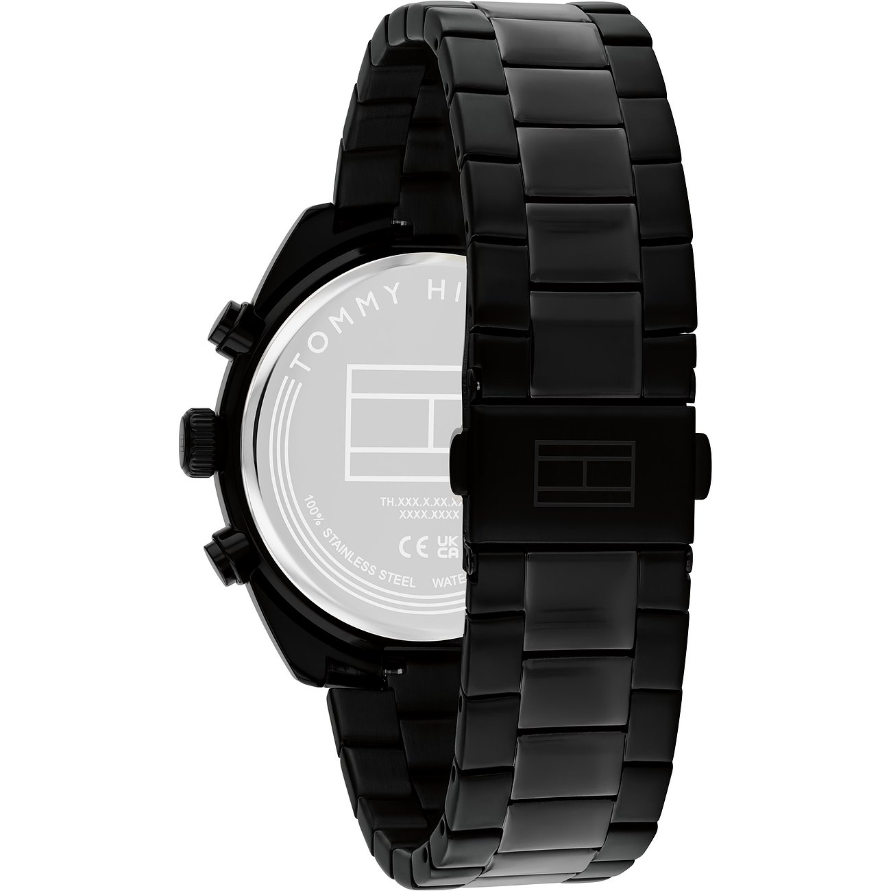 Achteraanzicht van het zwarte Tommy Hilfiger herenhorloge van roestvrij staal met gegraveerd logo en details.