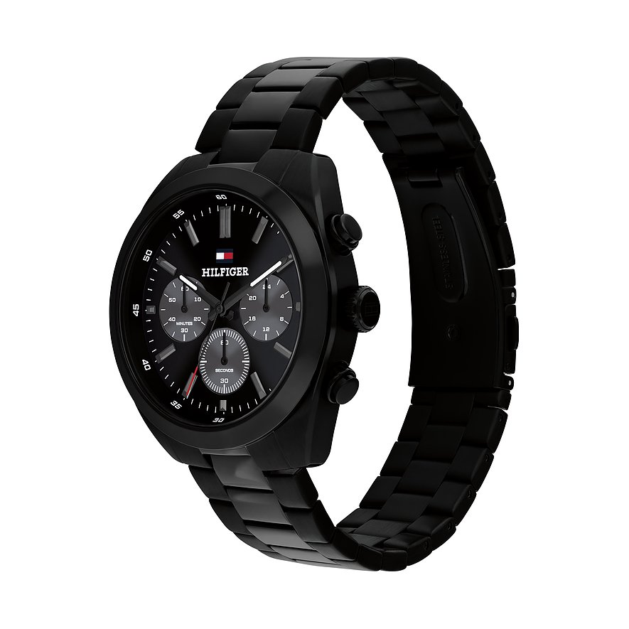 Tommy Hilfiger herenhorloge van zwart edelstaal, wijzerplaat met HILFIGER logo en chronograaffuncties.