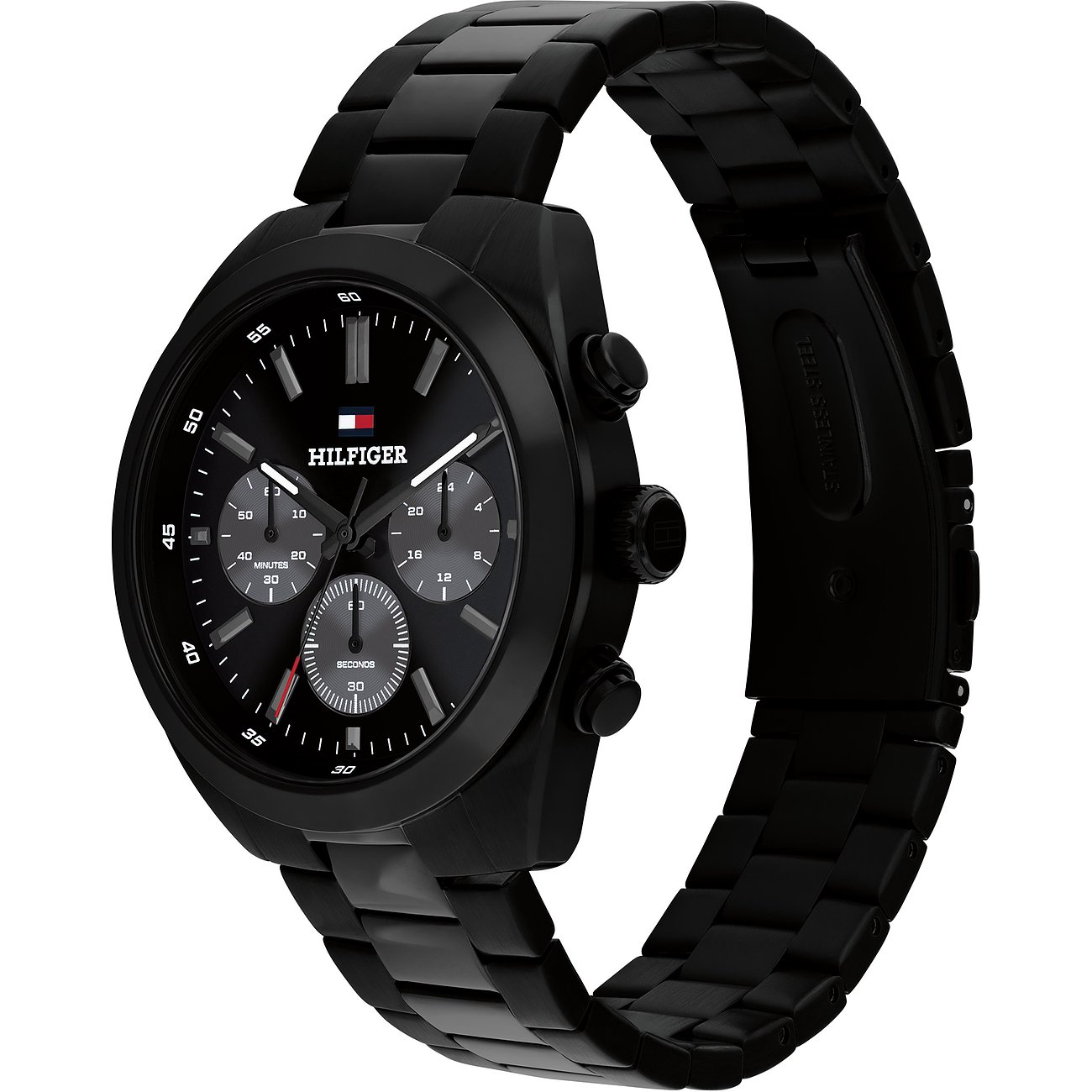 Tommy Hilfiger herenhorloge van zwart edelstaal, wijzerplaat met HILFIGER logo en chronograaffuncties.