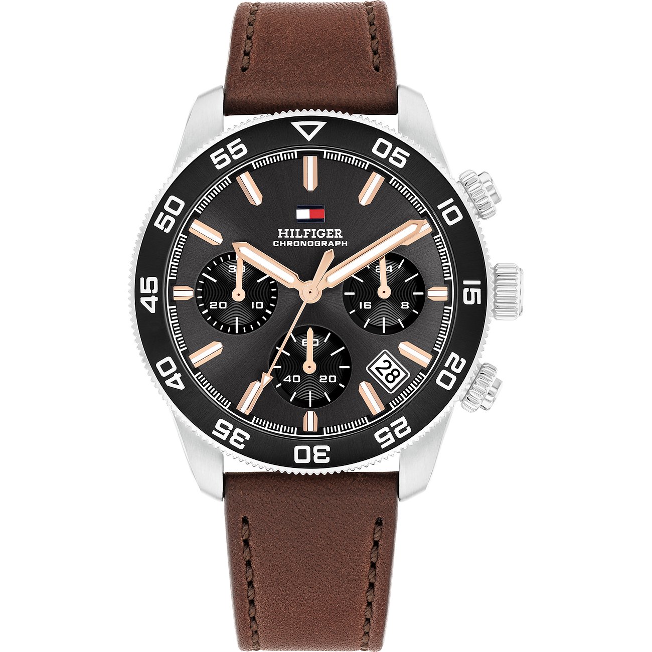 Tommy Hilfiger Herrenuhr mit braunem Lederarmband und schwarzem Zifferblatt, gefertigt aus Edelstahl und Aluminium.