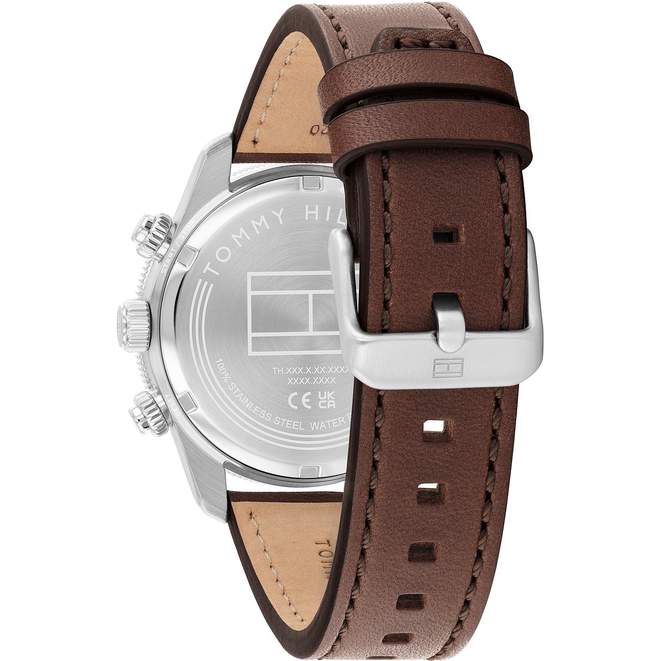 Rückansicht der Tommy Hilfiger Herrenuhr aus Edelstahl und Aluminium mit braunem Lederarmband und Dornschließe.