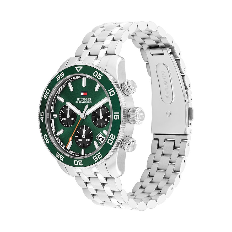 Tommy Hilfiger Herrenuhr aus Edelstahl und Aluminium mit grünem Zifferblatt und silbernem Gliederarmband.