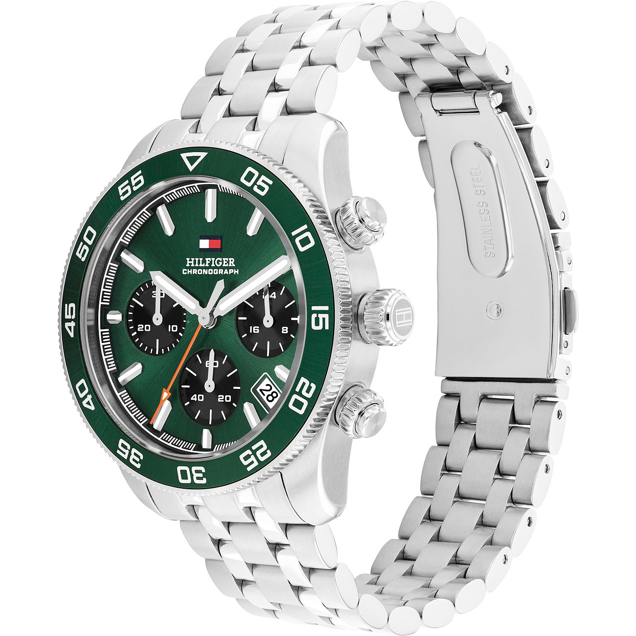 Tommy Hilfiger Herrenuhr aus Edelstahl und Aluminium mit grünem Zifferblatt und silbernem Gliederarmband.