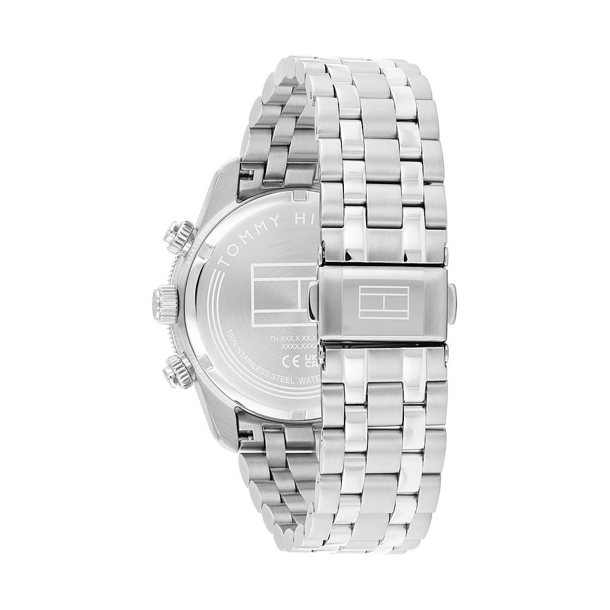 Rückansicht der silberfarbenen Tommy Hilfiger Herrenuhr aus Edelstahl und Aluminium mit graviertem Logo.