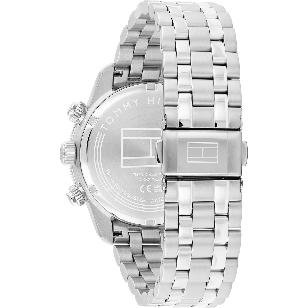 Rückansicht der silberfarbenen Tommy Hilfiger Herrenuhr aus Edelstahl und Aluminium mit graviertem Logo.