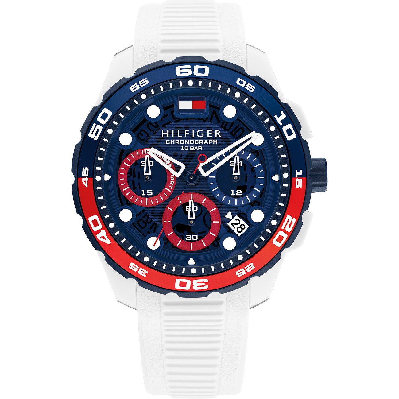 Tommy Hilfiger Herrenuhr mit weißem Aluminium-Gehäuse und Band, blauem Zifferblatt und roten Akzenten.