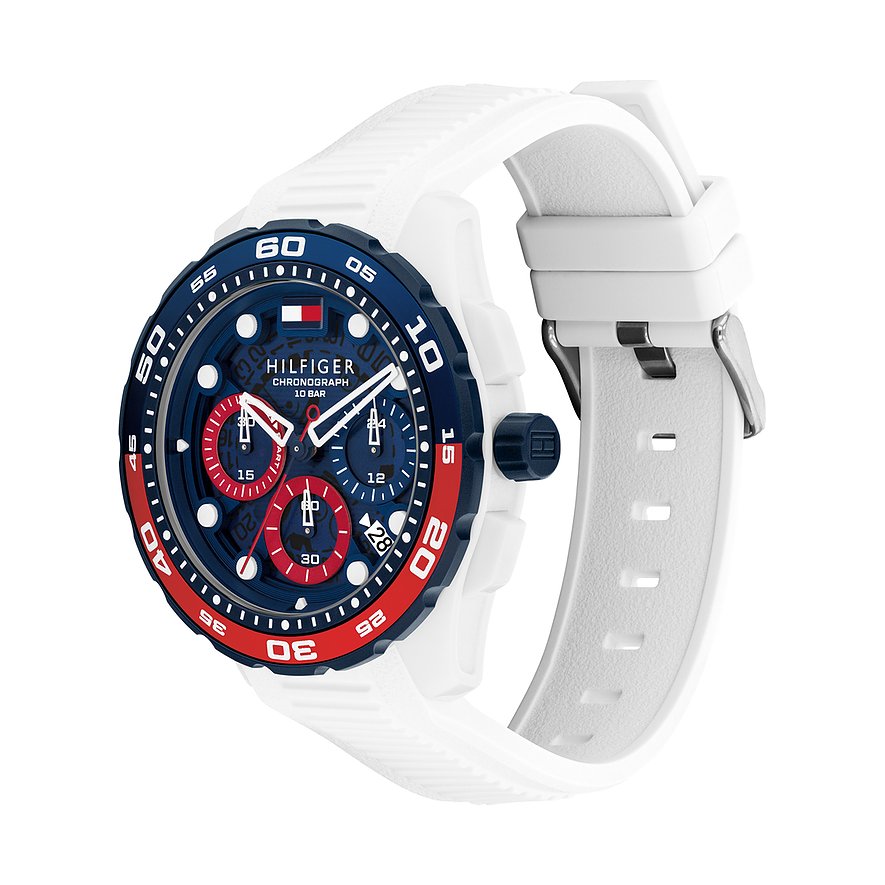 Tommy Hilfiger Herrenuhr: weißes Armband, dunkelblaues Zifferblatt mit roten/weißen Details, Edelstahl-/Aluminiumgehäuse.