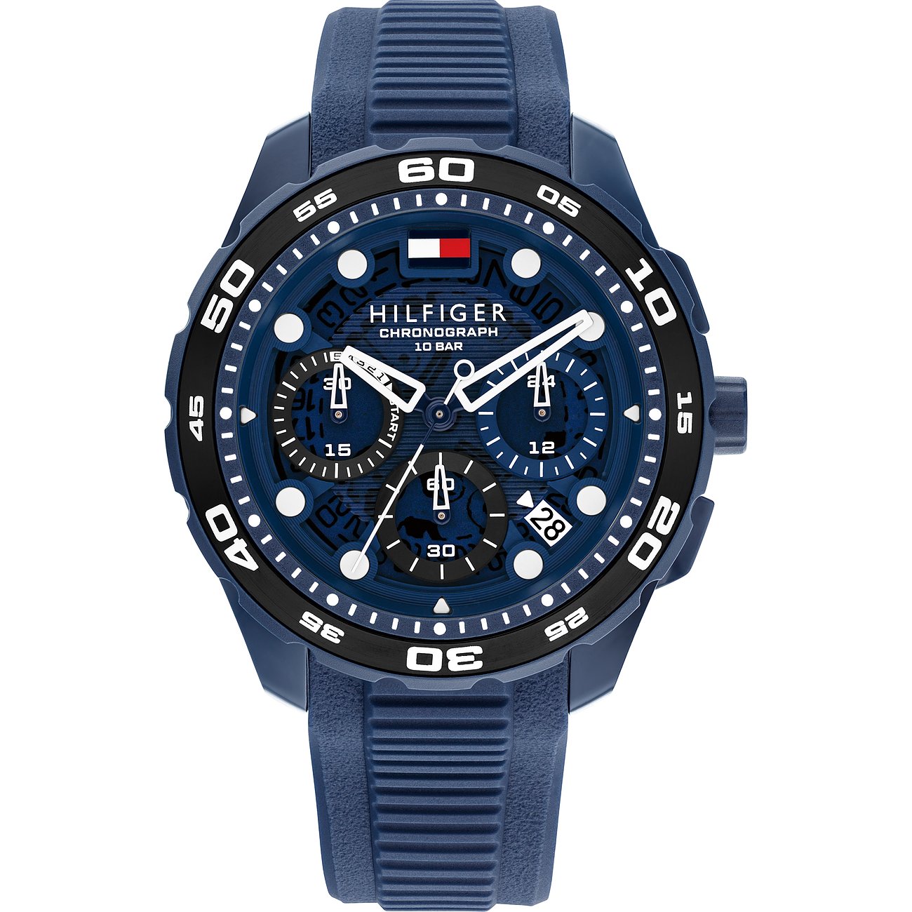 Eine Tommy Hilfiger Herrenuhr mit Edelstahl- und Aluminiumgehäuse und blauem Zifferblatt und Armband.