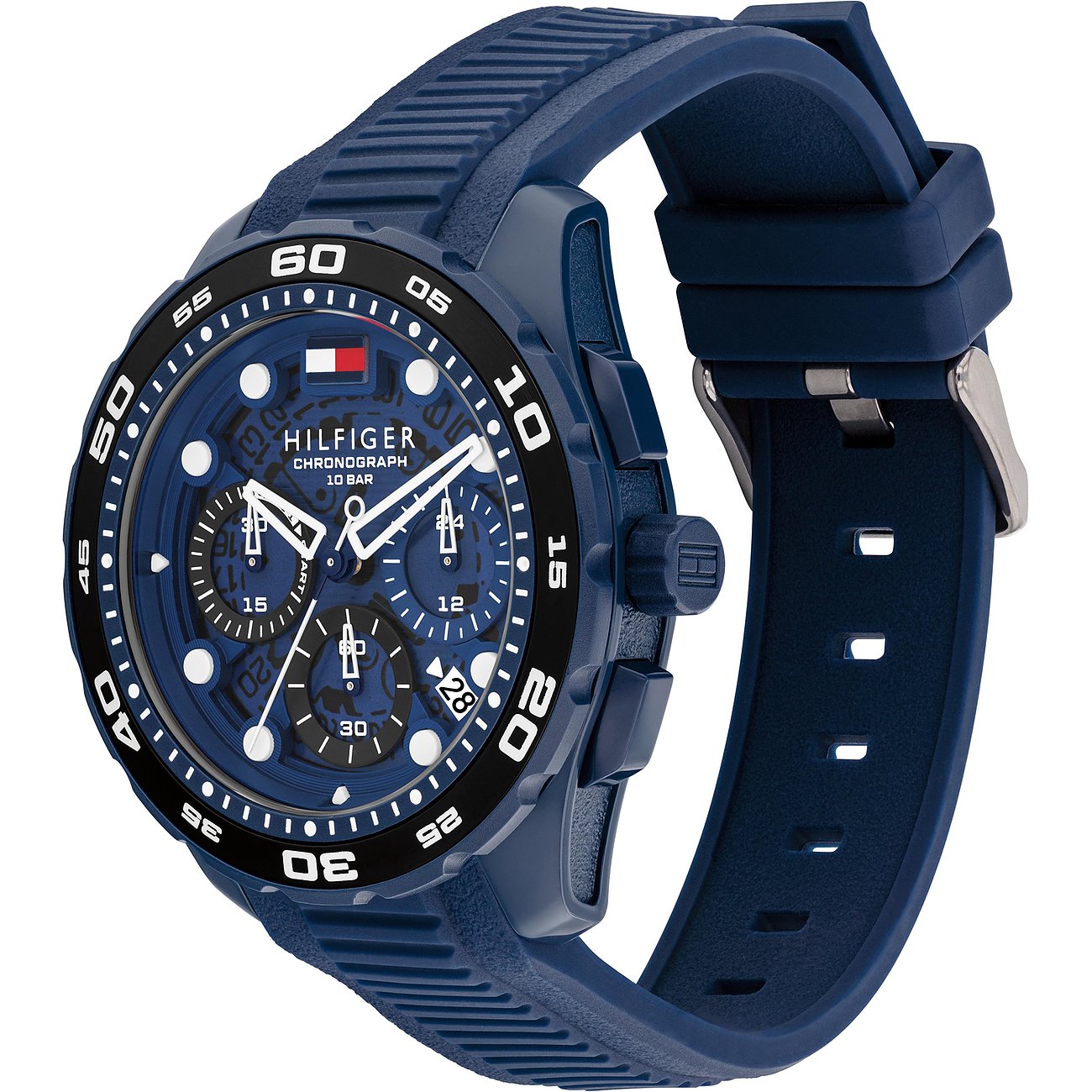 Die Tommy Hilfiger Herrenuhr aus blauem Aluminium und Edelstahl zeigt ein dunkles Zifferblatt mit drei Chronographen.