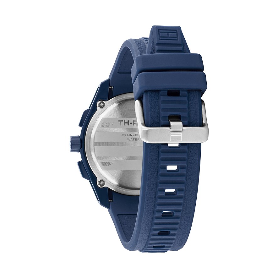 Rückansicht der Tommy Hilfiger Herrenuhr aus blauem Aluminium und Edelstahl mit blauem Silikonarmband.